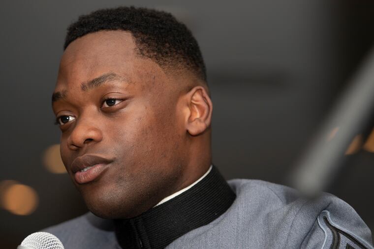 Kelvin Hopkins, Army Team Captain, speaks during an interview at Lincoln Financial Field on Wednesday.