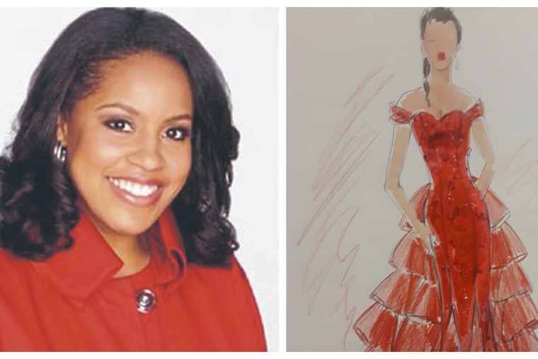 Today's Sheinelle Jones wears the red dress design by Magadelene LaRoche.