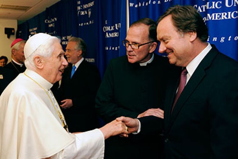 In this 2008 file photo, the late Tim Russert, right, NBC News Washington bureau chief and the moderator of Meet the Press, shakes hands with Pope Benedict XVI at Catholic University in Washington as Rev. David O'Connell, C.M., President of Catholic University, center, makes the introduction. The Pope has named O'Connell to become the next bishop of Trenton, N.J. (AP Photo / The Catholic University of America, Tony Fiorini, File)