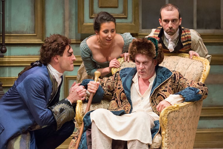 (Left to right:) Chris Anthony, Lee Minora, Leonard C. Haas, and Dave Johnson in David Ives' "Heir Apparent," through Dec. 16 at the Lantern Theatre Company.