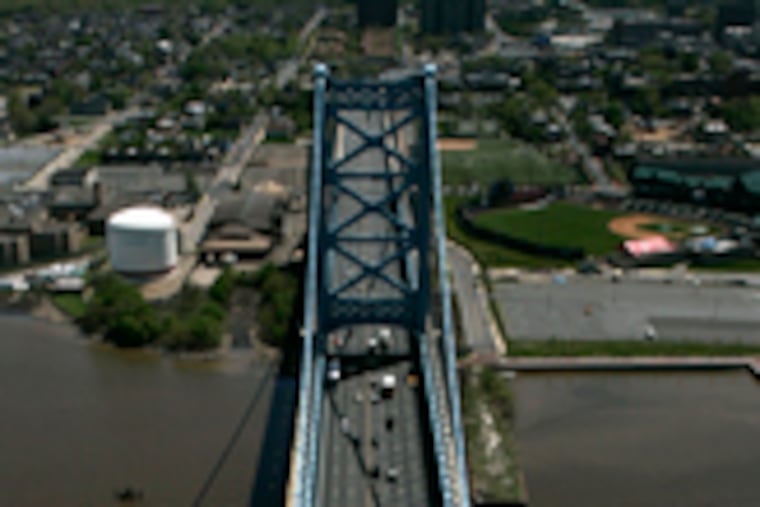 The Ben Franklin Bridge, looking east toward Camden. Phase one of the painting project began in 2001 at the end of the bridge on the New Jersey side. Now, it's time for the Philly side to get attention.