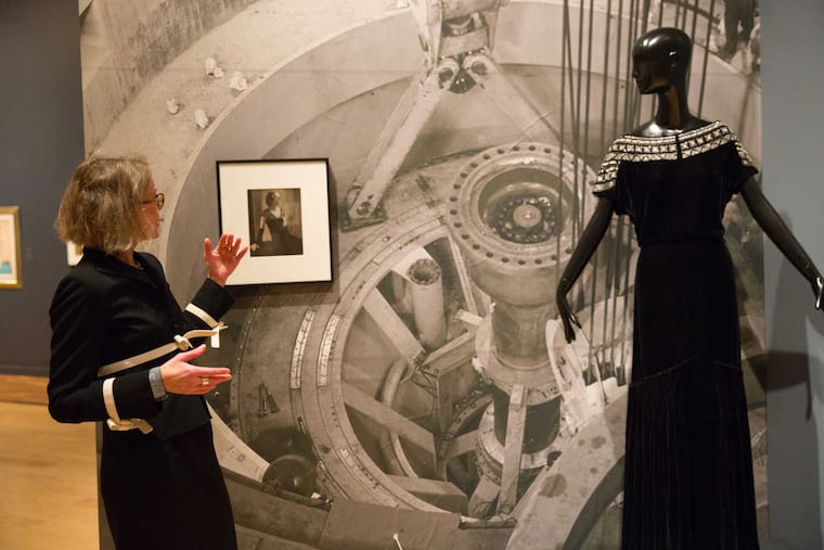 Evening gown designed for Greta Garbo, 1931, photograph of Helen Menken, and Mural Installation, 1939 (detail). Curator Kirsten Jensen discusses the work of Philadelphia-born painter and fashion photographer Charles Sheeler at the Michener Museum.