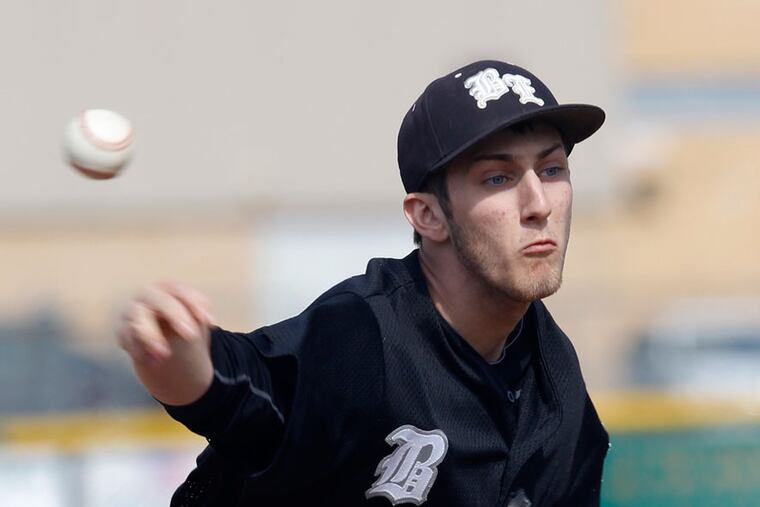 Bishop Eustace starting pitcher Justin Hagenman delivers against Audubon in the championship game of the 18th Annual Ralph Shaw Memorial Tournament at Audubon High School on Sunday, April 7, 2013. (Ron Cortes/ Staff Photographer)