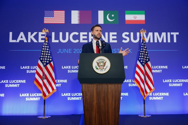 Vice President JD Vance speaks to members of the media after the U.S. and Iran held high-level talks at the Bürgenstock Resort in Obbuergen, near Lucerne, in Switzerland, Monday, June 22, 2026.