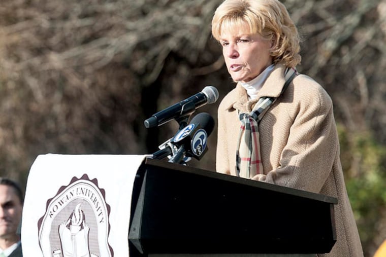 Rowan University board chair Linda Rohrer speaks at the groundbreaking of the Rohrer College of Business school to be named after her father.