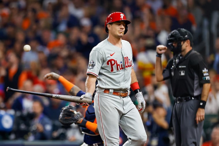 Phillies catcher J.T. Realmuto after striking out in the sixth inning of Game 2 in Houston.
