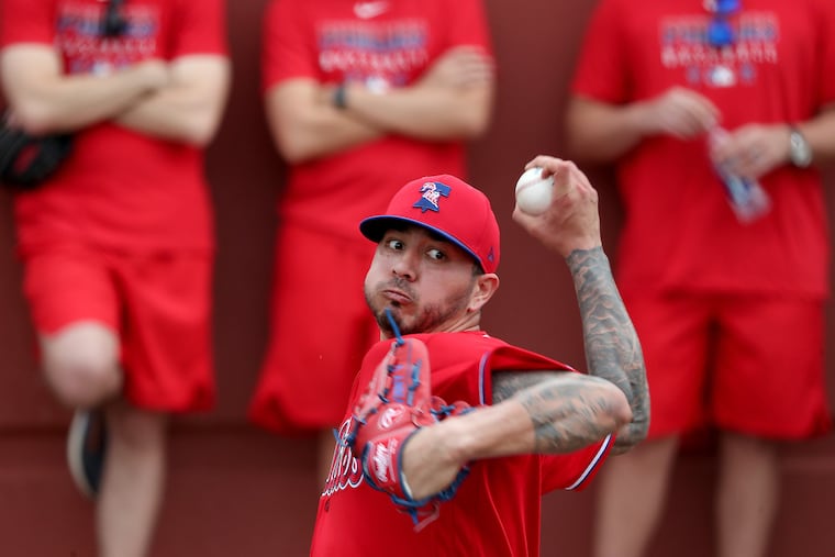 Right-hander Vince Velasquez throws a bullpen session at Phillies spring training in Clearwater, Fla.