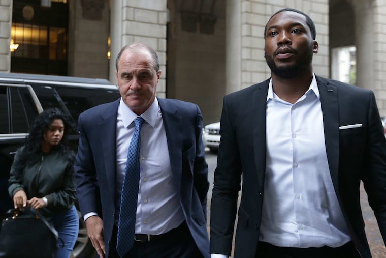 Rapper Meek Mill, right, arrives at the Criminal Justice Center in Philadelphia with his attorney Brian McMonagle, on November 6, 2017.