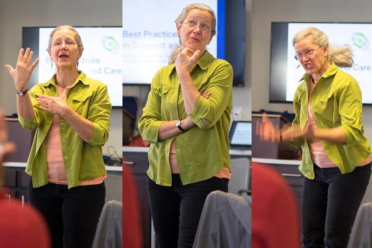 Teepa Snow, a nationally known Alzheimer's expert conducted a seminar at Daylesford Crossing senior living community where she used her humor, wit and wisdom to show the participants what works best behaviorally when working with dementia patients . Here, Teepa Snow goes through a range of emotions while going through a role playing exercise with the seminar participants.
