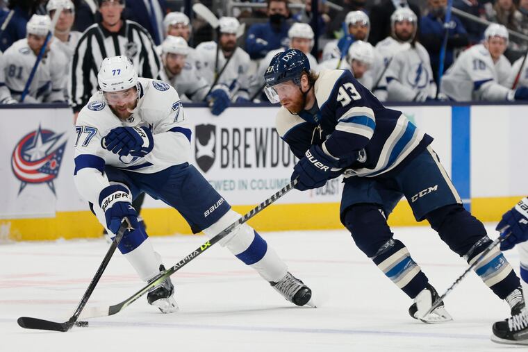 Columbus Blue Jackets' Jakub Voracek, right, likely won't face the Flyers, his former team,on Thursday night.