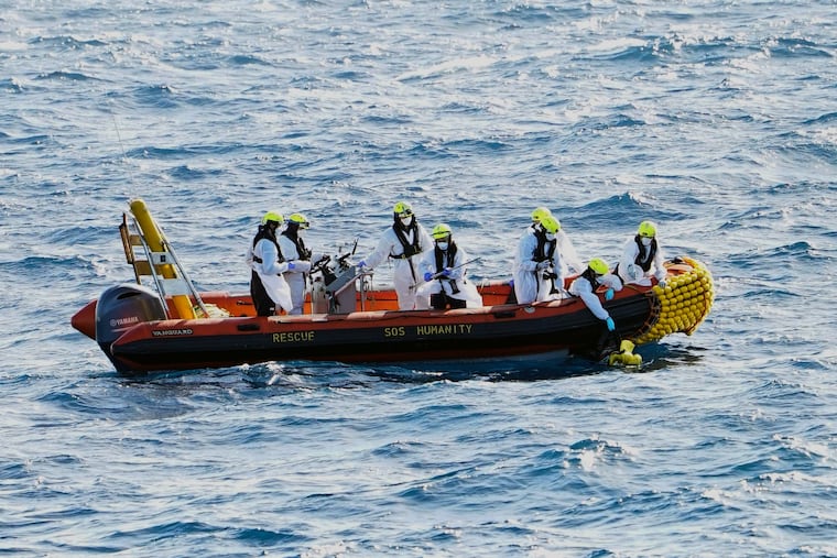 This picture released by SOS Humanity on Monday, March 16, 2026, shows rescue operations in the Mediterranean Sea one of the deadliest migration route in the world