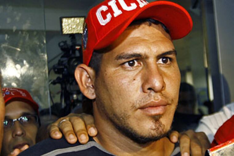 Nationals catcher Wilson Ramos talks to journalists at the Criminal Police headquarters in Valencia, Venezuela. (Lexander Loiza/AP Photo)