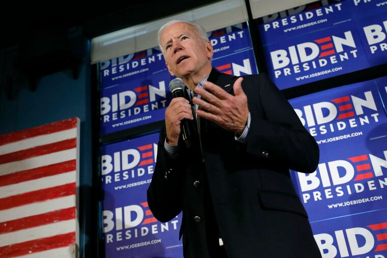 Former vice president and Democratic presidential candidate Joe Biden speaks during a campaign stop at the Community Oven restaurant in Hampton, N.H., Monday, May 13, 2019. (AP Photo/Michael Dwyer)