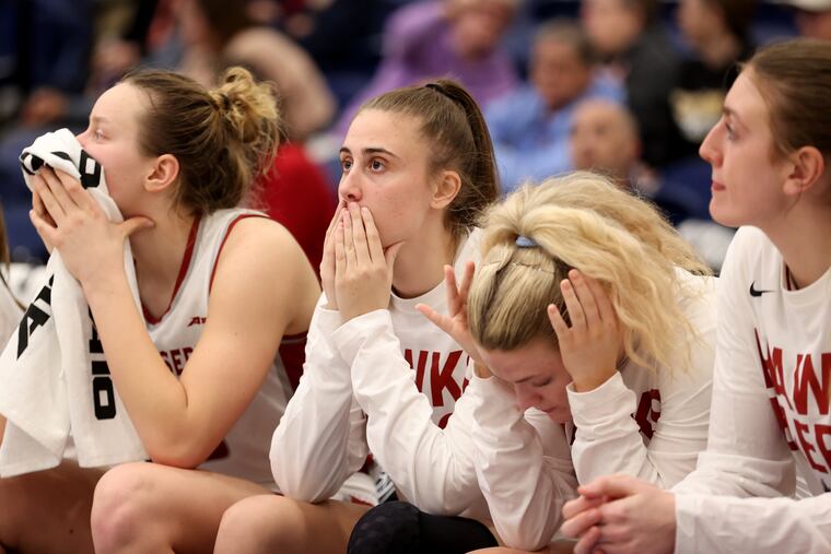 The dejected St. Joseph's bench late in their 57-47 loss to Rhode Island in the quarterfinals of the Atlantic 10 Women's quarterfinals game at the Henrico Sports and Events Center in Glen Allen, VA on March 8, 2024.