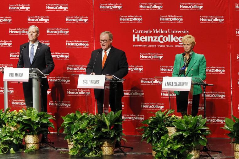 Seeking the Republican Party’s nomination to challenge Democratic Gov. Tom Wolf, left to right, Paul Mango, State Sen. Scott Wagner and Laura Ellsworth, participated in a January debate in Pittsburgh.