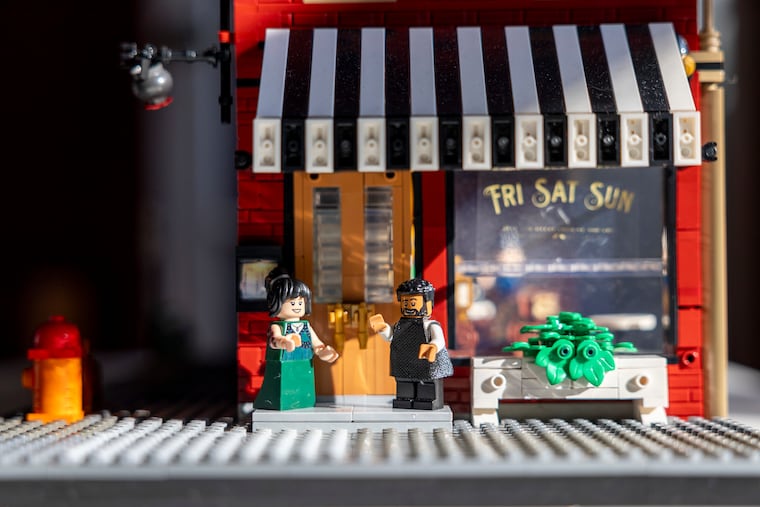 A custom Lego model of restaurant Friday Saturday Sunday built by Leo Gualtieri. It features action figures of co-owners Chad and Hanna Williams.