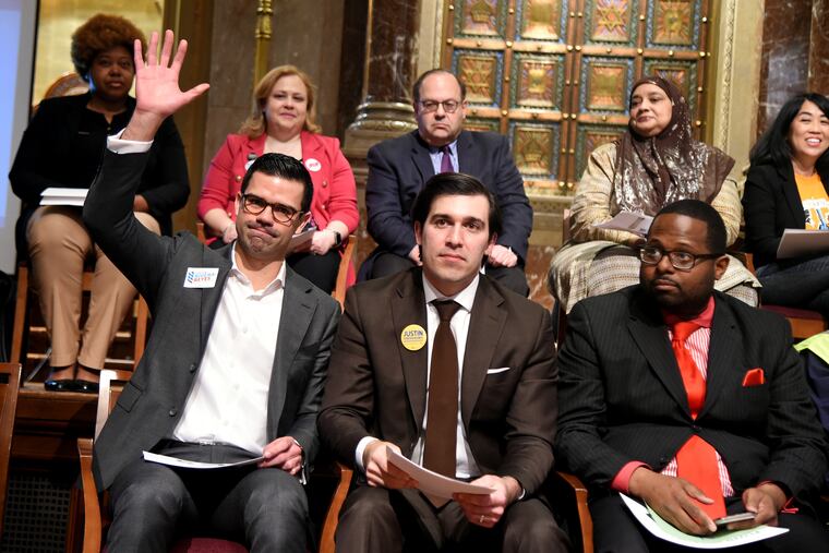 The Alliance for a Just Philadelphia hosts a forum at Congregation Rodeph Shalom March 24, 2019 for at-large City Council candidates. Back row, from left, all Democrats: Melissa Robbins; Beth Finn; Allan Domb, incumbent; Habeebah Ali, not on the ballot; and Helen Gym, incumbent. Front from, from left, all Democrats: Adrian Rivera Reyes; Justin DiBerardinis; and Willie Floyd Singletary.