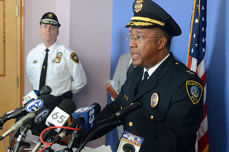 A former state official is suing the Atlantic City Police Department, alleging
that officers beat him outside a casino hotel in 2008. Here, AC Police Chief Ernest Jubilee announces in March 2013 a major effort against drug trafficking. (DANNY DRAKE / Atlantic City Press/File)