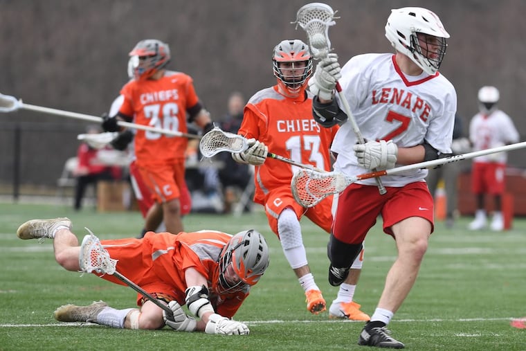 Zach Cole (7) led Lenape to a 14-8 win over Cherokee in the boys’ lacrosse season opener for both teams.