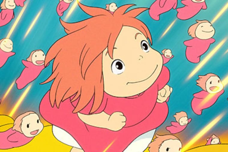 The princess goldfish rises to the occasion in a scene from "Ponyo." Above her on the shore, a human boy and forbidden love await her.