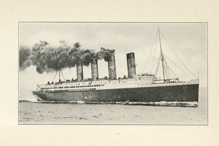 Picture of the ship by James Montgomery, from the 1915 book "The Lusitania's Last Voyage," by Charles E. Lauriat Jr.
