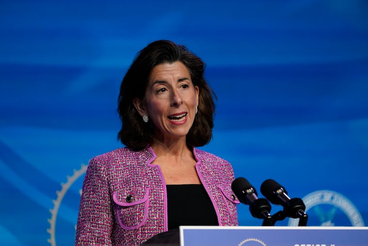 President-elect Joe Biden's nominee for Secretary of Commerce, Rhode Island Gov. Gina Raimondo speaks during an event at The Queen theater in Wilmington, Del.