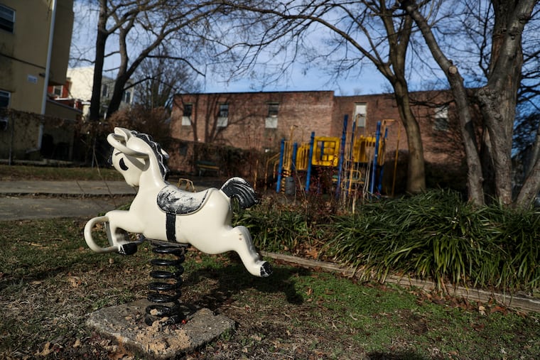 A rocking horse at the playground on 4055-57 Powelton Ave. The lot, one of four purchased by the nonprofit West Powelton Concerned Community Council for $2 total and resold for $670,000, will soon become market-price apartments with three roof decks.