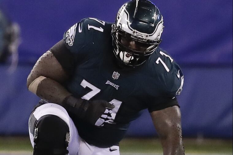 Eagles offensive tackle Jason Peters takes a knee on the turf after getting hurt during the third-quarter against the New York Giants on Thursday, October 11, 2018 in East Rutherford, NJ.