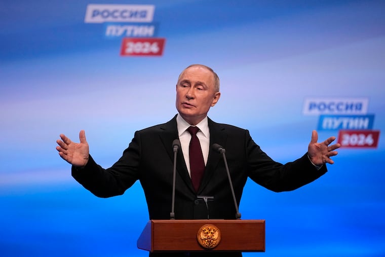 Russian President Vladimir Putin speaks in Moscow after winning the election on Monday, March 18, 2024.