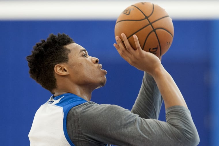 Sixers center Richaun Holmes shoots baskets after practice January 10, 2017.