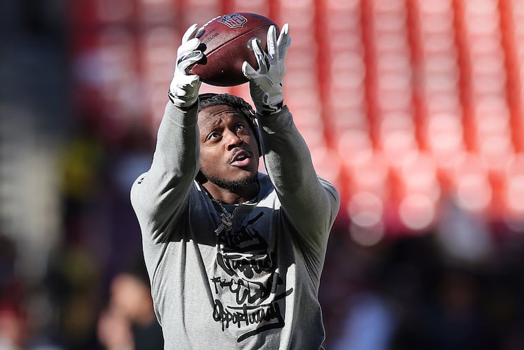 Eagles wide receiver A.J. Brown warms-up before facing the Washington Commanders at Northwest Stadium on Sunday, Dec. 22, 2024, in Landover, Maryland.