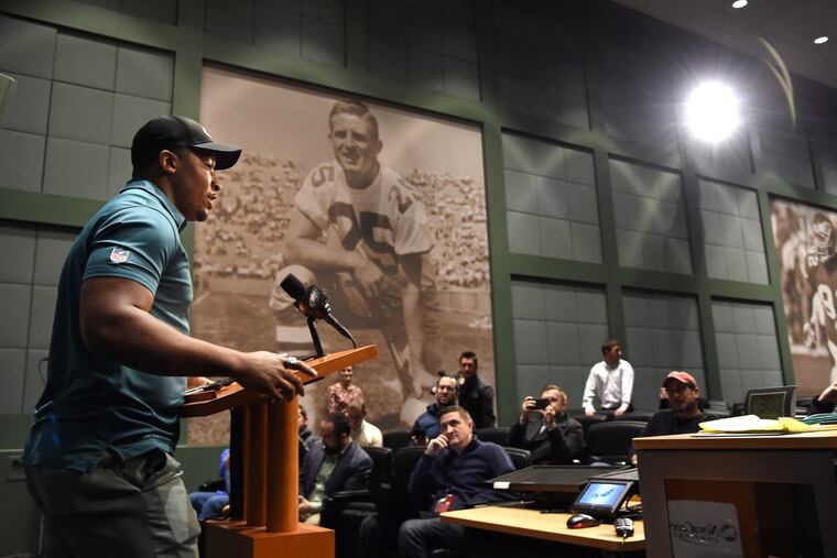The Eagles expect Corey Nelson, shown here speaking to the media Thursday, to be a major contributor on special teams.