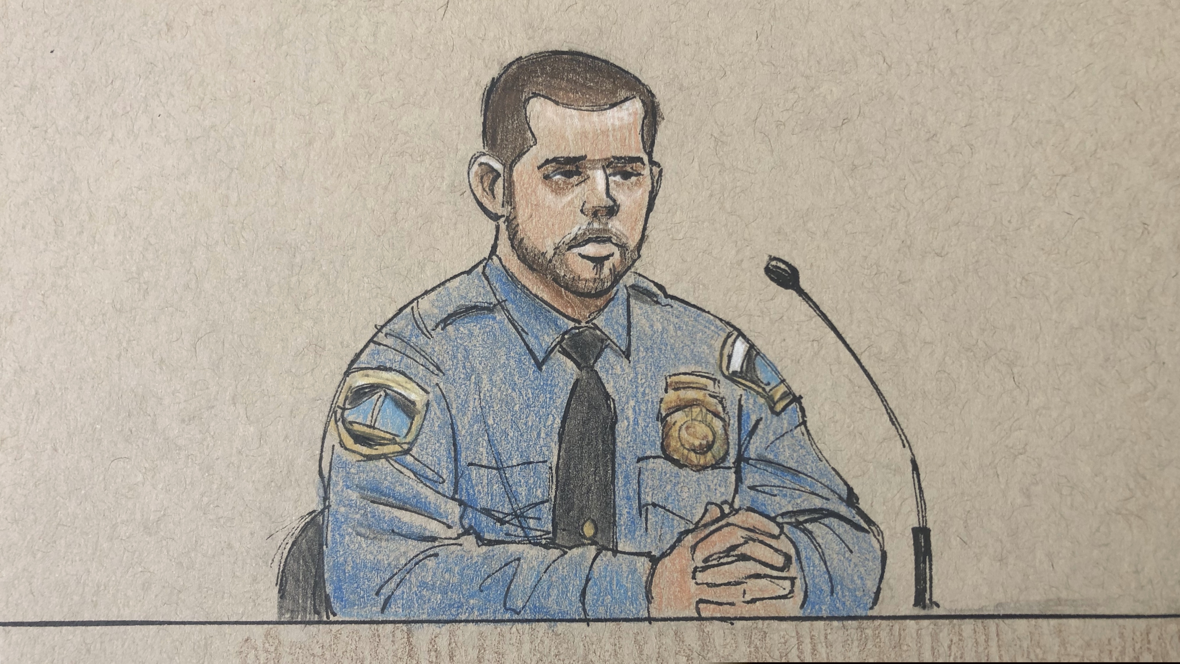 This courtroom sketch depicts Minneapolis police officer Matthew Harrity as he testifies Thursday, April 18, 2019, in Minneapolis, Minn., during the murder trial of former Minneapolis police officer Mohamed Noor, his former partner, who fatally shot an unarmed Australian woman, Justine Ruszczyk Damond, in July 2017, after she called 911 to report a possible sexual assault behind her home. Harrity testified Thursday that he heard a thump on the officers' squad car right before the shooting and feared a possible ambush. Harrity's testimony echoed Noor's claim that he was startled by a noise and feared ambush when he fired a single shot killing Damond. (Cedric Hohnstadt via AP)