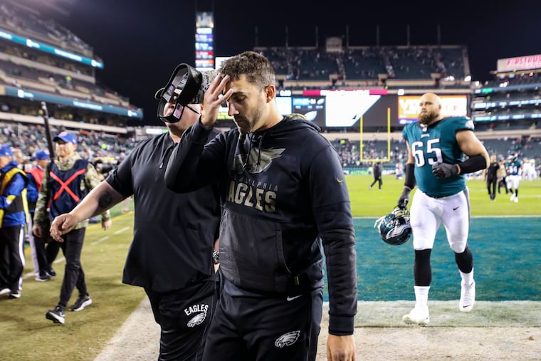 Nick Sirianni leaves the field after the game against the Los Angeles Chargers.