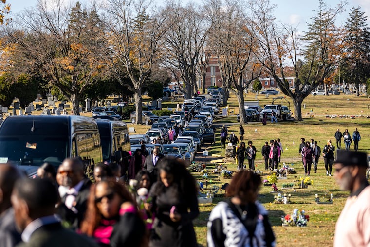 Many family, friends, and community members gather at Chelten Hills Cemetery for the funeral service for Kada Scott on Saturday, Nov. 8, 2025