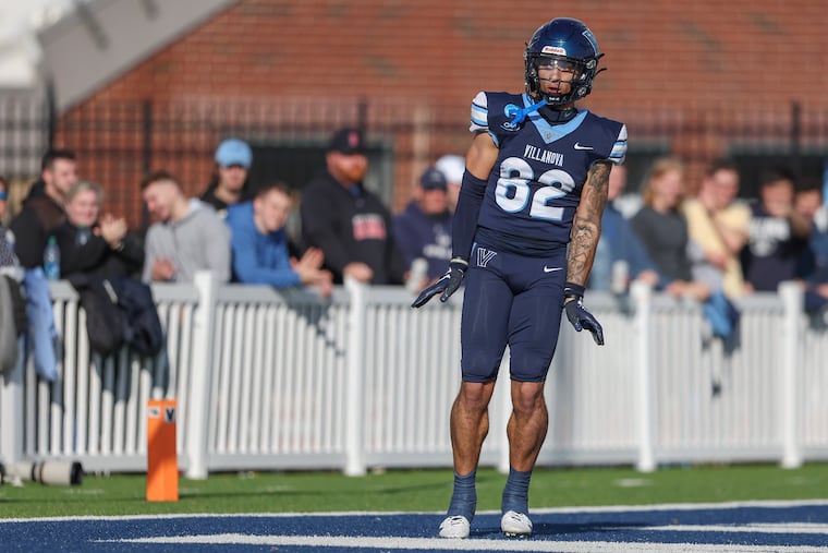 Villanova wide receiver Jaylan Sanchez waddles like a penguin in the end zone after his 64-yard touchdown in the second quarter.