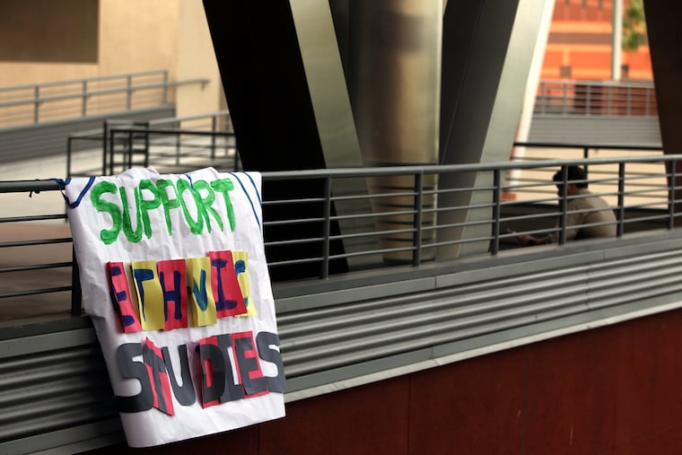 A banner hangs from an upper floor railing as students demonstrate at California State University-Los Angeles in support of the ethnic studies programs on Tuesday, Feb. 11, 2014. National debate over ethnic studies departments took off after a 1968 protest at San Francisco State University.