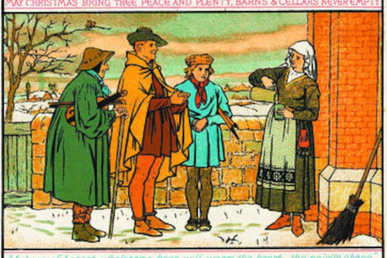 "May Christmas Bring Thee Peace & Plenty," a Marcus Ward & Co. Christmas card, recalls old speech patterns still in use in the 1940s.