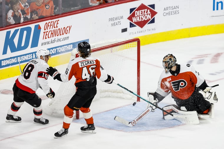Flyers goalie Samuel Ersson could not stop Tim Stützle overtime goal on Saturday.