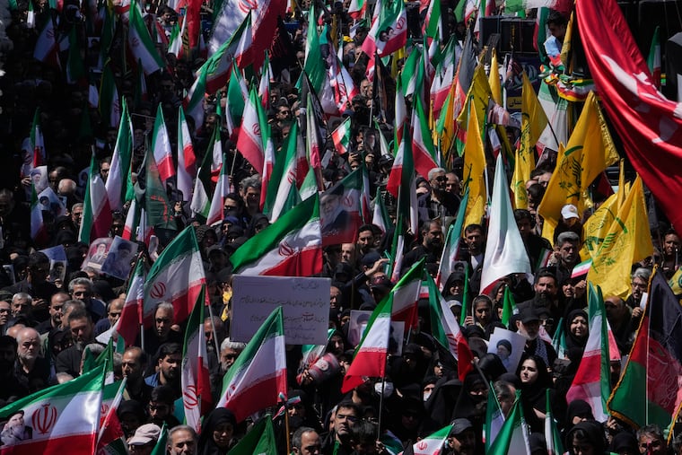 Government supporters gather to mark the 40th day since the death of Supreme Leader Ayatollah Ali Khamenei in Tehran, Iran, Thursday, April 9, 2026.