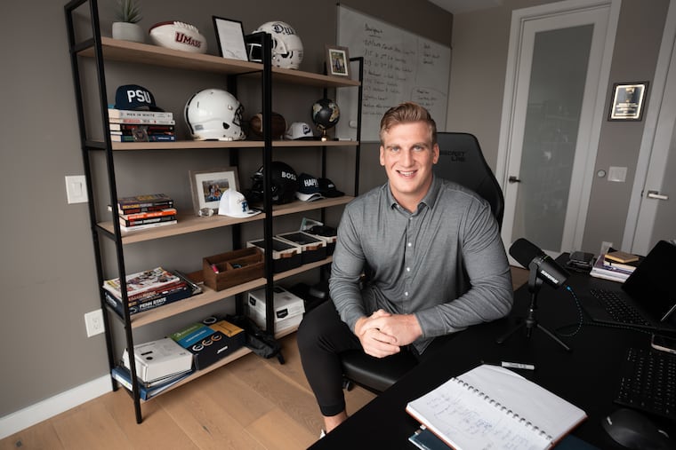 Adam Breneman at his home office and studio in Northern Liberties. The former Penn State tight end has become an influential podcaster.