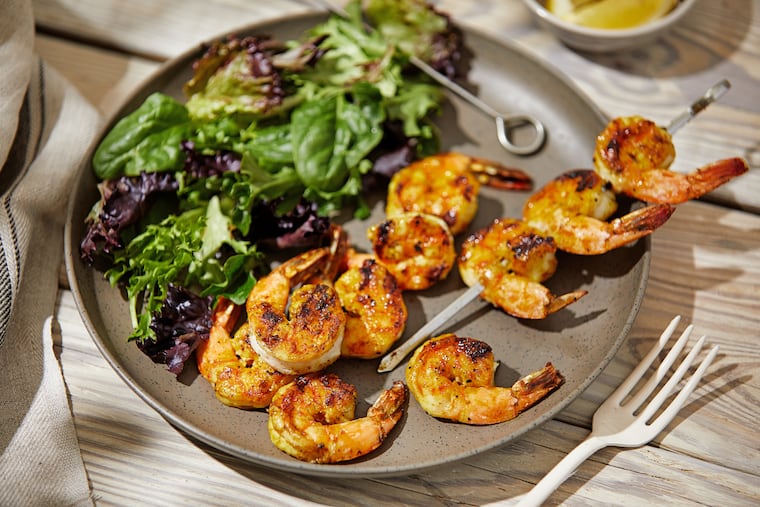 Grilled Shrimp Skewers With Ginger and Turmeric. MUST CREDIT: Photo by Tom McCorkle for The Washington Post.