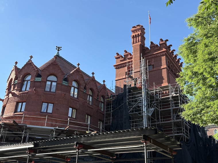 The Anne and Jerome Fisher Fine Arts Library, designed by Frank Furness, at the University of Pennsylvania, July 8, 2026. The exterior of the building from 1891 is being restored.