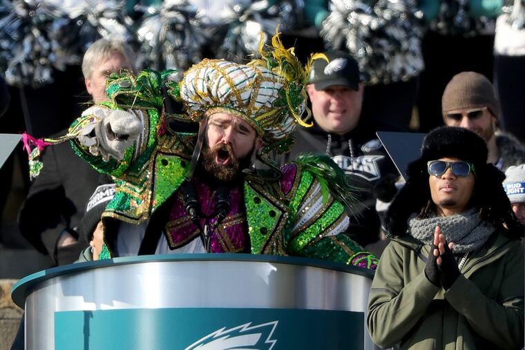 Eagles’ Jason Kelce yells during his speech at the Eagles Super Bowl Champions celebration at the Art Museum in Philadelphia on February 8, 2018.