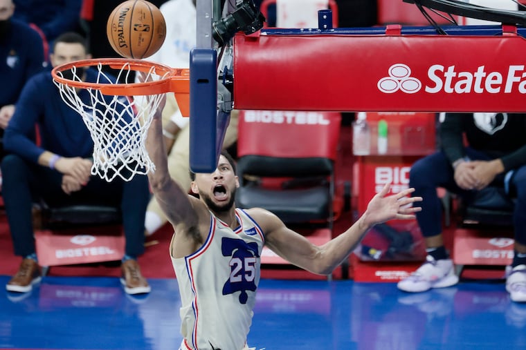 Sixers Ben Simmons shoots in the first quarter against the Memphis Grizzlies.