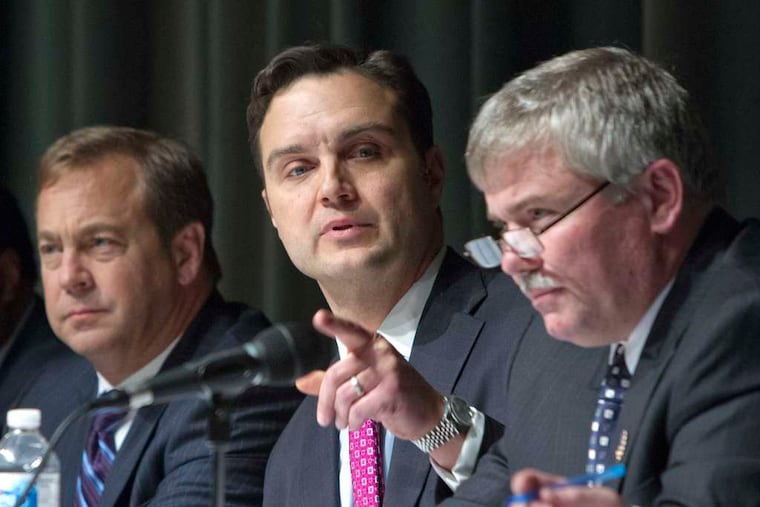At left, Rebeca Gonzalez of Mount Holly Gardens thanks officials for the agreement. Above, (from left) lawyer Lou Cappelli, Solicitor George P. Saponaro, and Mayor Richard Dow.