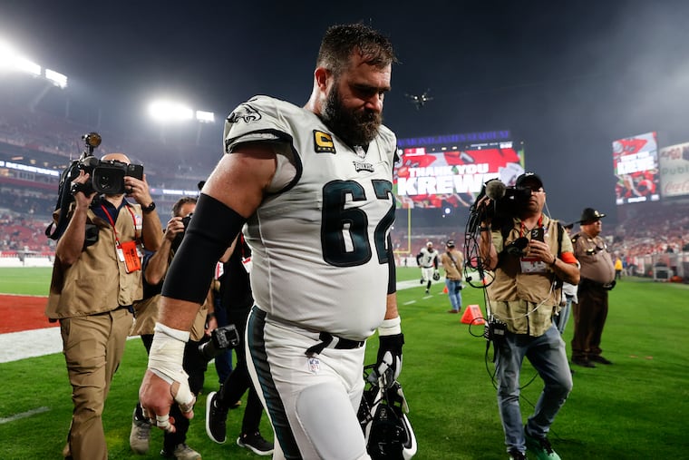Eagles center Jason Kelce walks off the field after his last game playing for the Eagles on Jan. 15. The team lost to the Tampa Bay Buccaneers in the NFC Wild Card playoff game in Tampa.