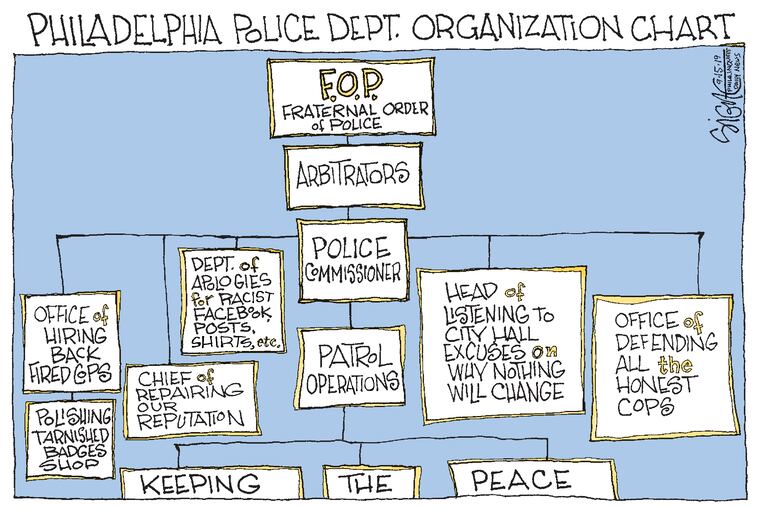 After new revelations on the police officer firing and arbitration processes, Signe Wilkinson penned a handy organizational chart.