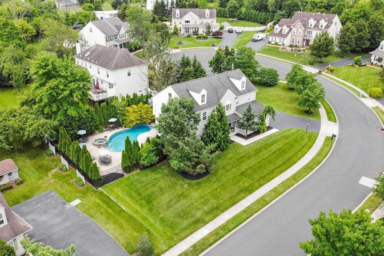 Arial view of the four-bedroom, 3½-bathroom house, with a pool, in Collegeville.