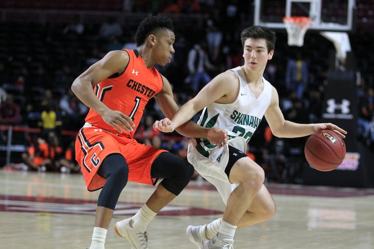 Bishop Shanahan’s David Angelo (right) had made 69 three-pointers entering Saturday’s District 1 Class 5A final vs. Penncrest.